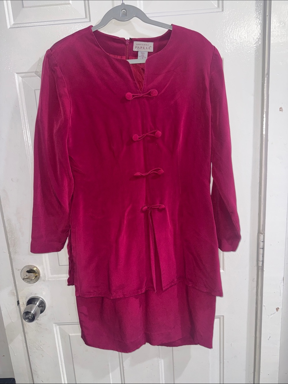 Adrianna Papell Deep Fuchsia Midi Dress with Frog-Button Front 100% silk